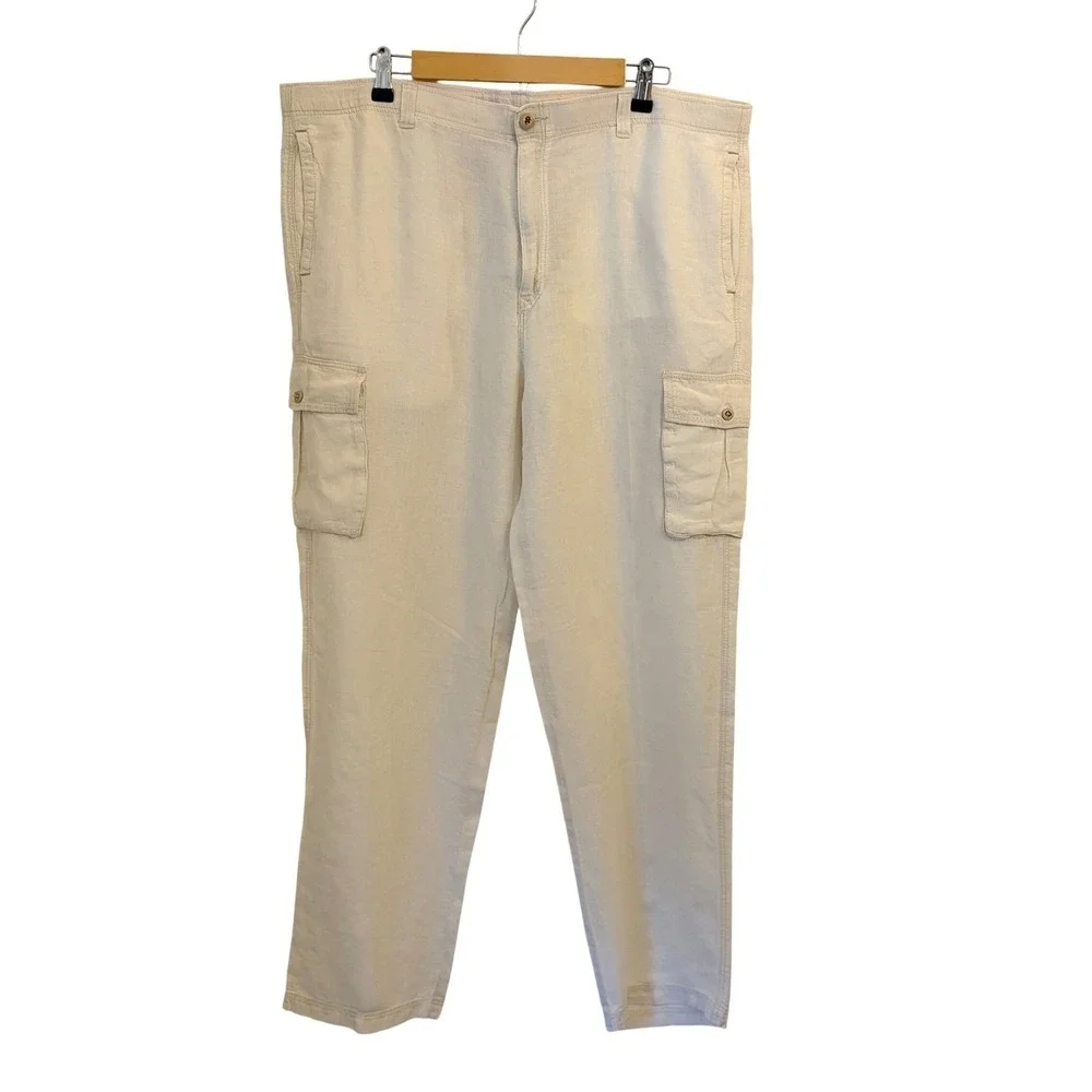 Tommy Bahama Linen Cargo Pants Men L 38 Cream Drawstring Relaxed Straight Safari